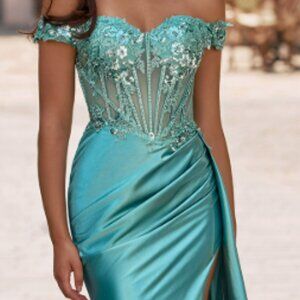 Teal Appliqued Corset Slit Prom Dress with Side Drape